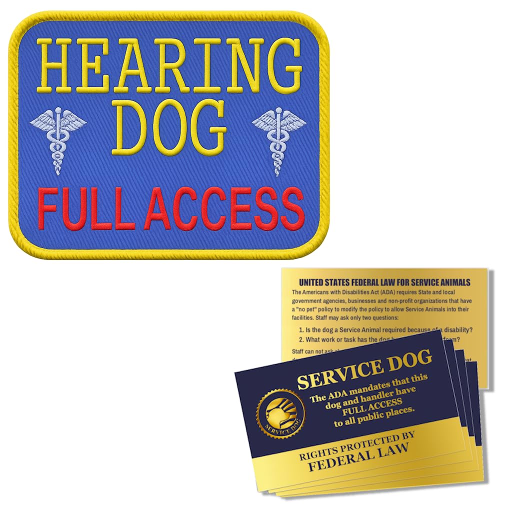 Hearing Dog - Full Access Sew-On Patch - Includes Five Service Dog Law Handout Cards - Perfect for Service Dog Vest or Harness