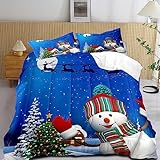 LUVIVIHOME 3PCS Christmas Comforter Set Queen Size, Funny Cute Snowman Bedding Blue Quilt, Holiday Xmas Tree Reindeer Santa Claus Cartoon Winter Boys Girls Kids Bedroom Decor, 2 Pillow Shams
