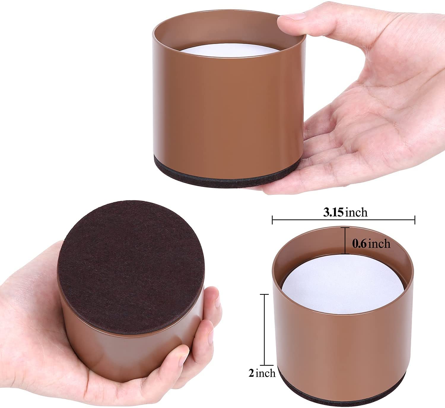 Ezprotekt Riser per letto da 9,5 x 8,5 x 5,7 cm, in acciaio massiccio, crea un ulteriore altezza di 5,1 cm, tavolo autoadesivo, resistente, protezione del pavimento (4 pezzi, marrone rotondo)