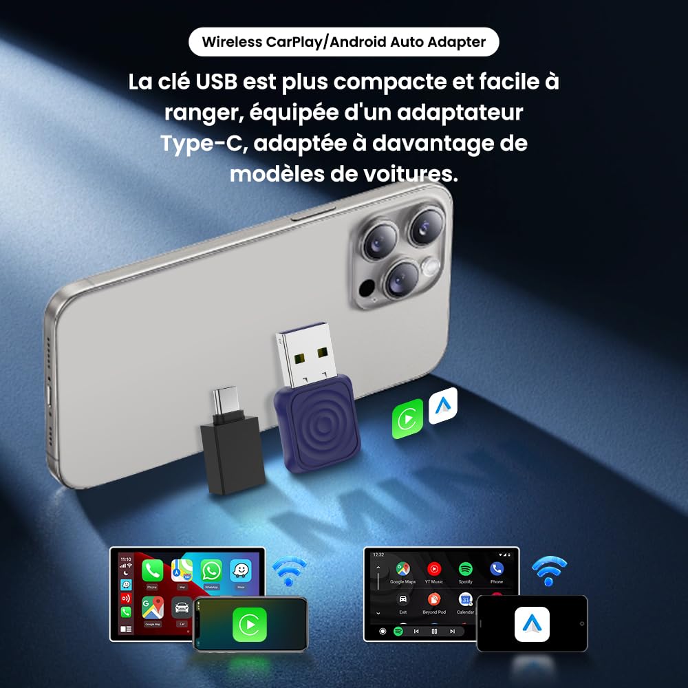 CarlinKit Adaptateur sans fil CarPlay et Android Auto MINI-Ultra 2 en 1, Design Mini Bâton, Mise à Niveau OTA pour Conversion CarPlay/Android Auto