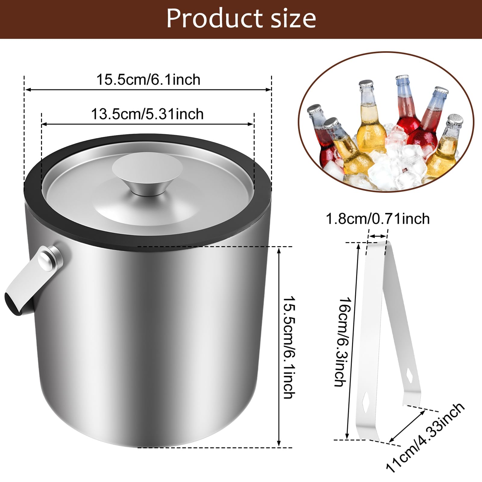Ice Bucket with Lid, 2L Double Walled Stainless Steel Insulated Ice Bucket Container, Ice Cube Box with Strainer and Tongs for Family,Small Party,Barbecue,Picnic,Bar,Club,Restaurant,Restaurant
