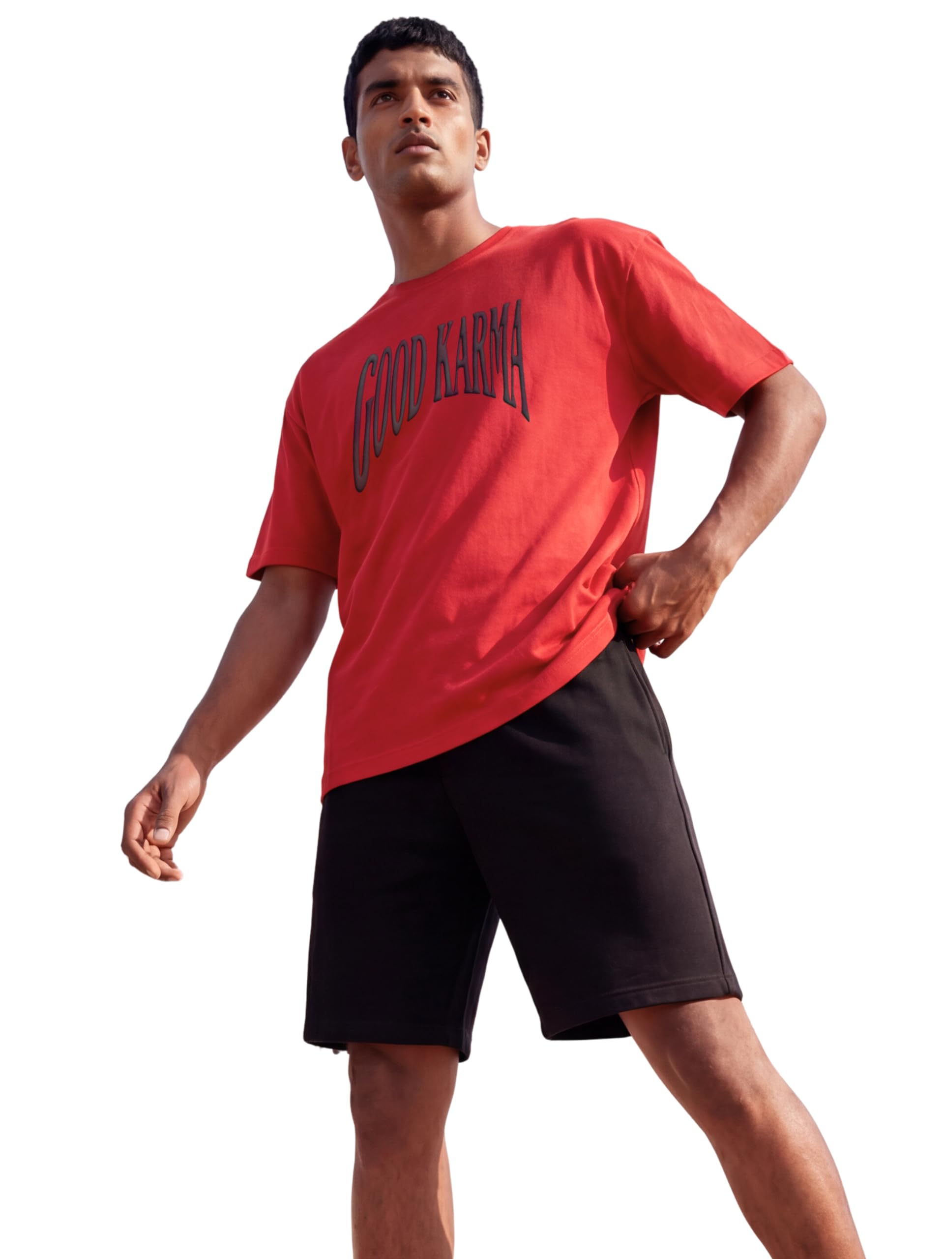 fflirtygo Men's AirEase Summer Coord Set | Good Karma | 240 GSM Cotton Terry Oversized T-Shirt & Shorts | 2 Deep Pockets | S to 6XL | Red, L-picture-29