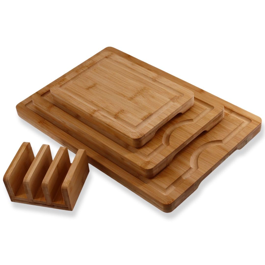 Lacers PurpleLine - Tabla de cortar de madera de bambú de 4 piezas con ranura para jugo y pies antideslizantes, juego de tabla de cortar con soporte, duradera, versátil, perfecta para cocina, carne,