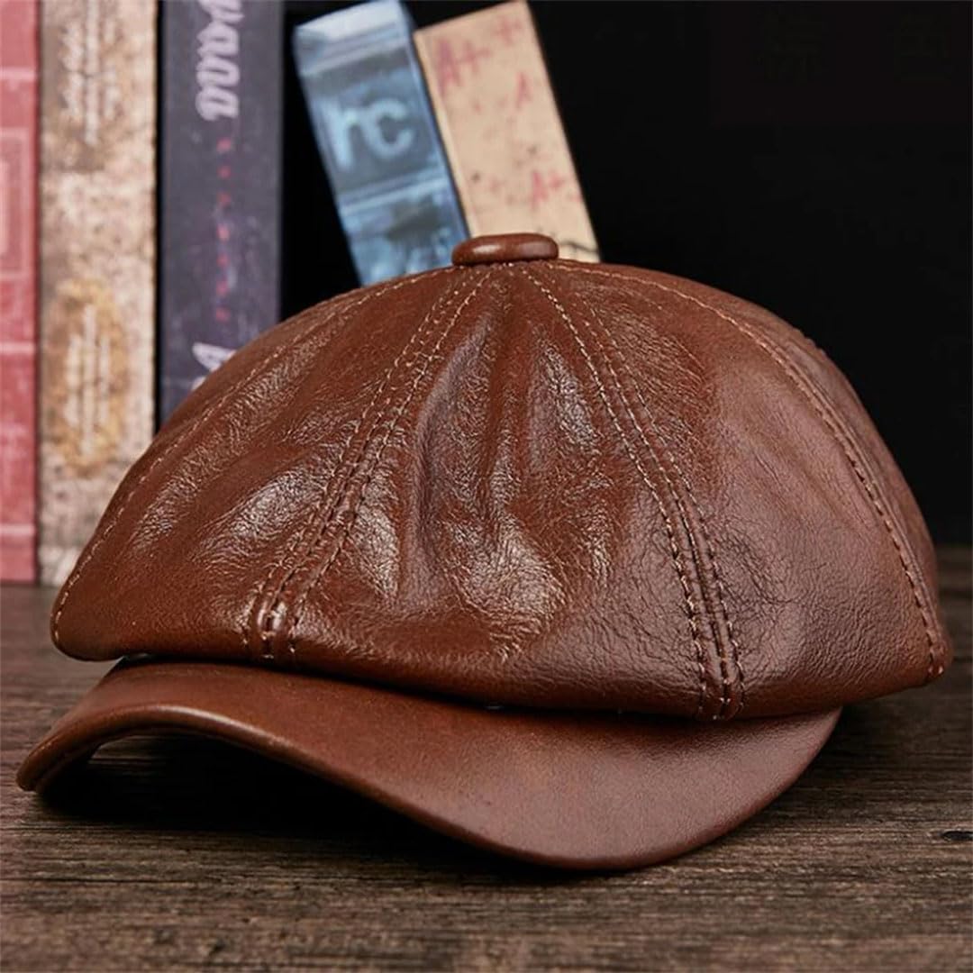Sombreros de periódicos para hombre de piel de vaca auténtica, octogonal, ajustados, vintage, boina de pico de pato, Gorra marrón, 59/60 cm
