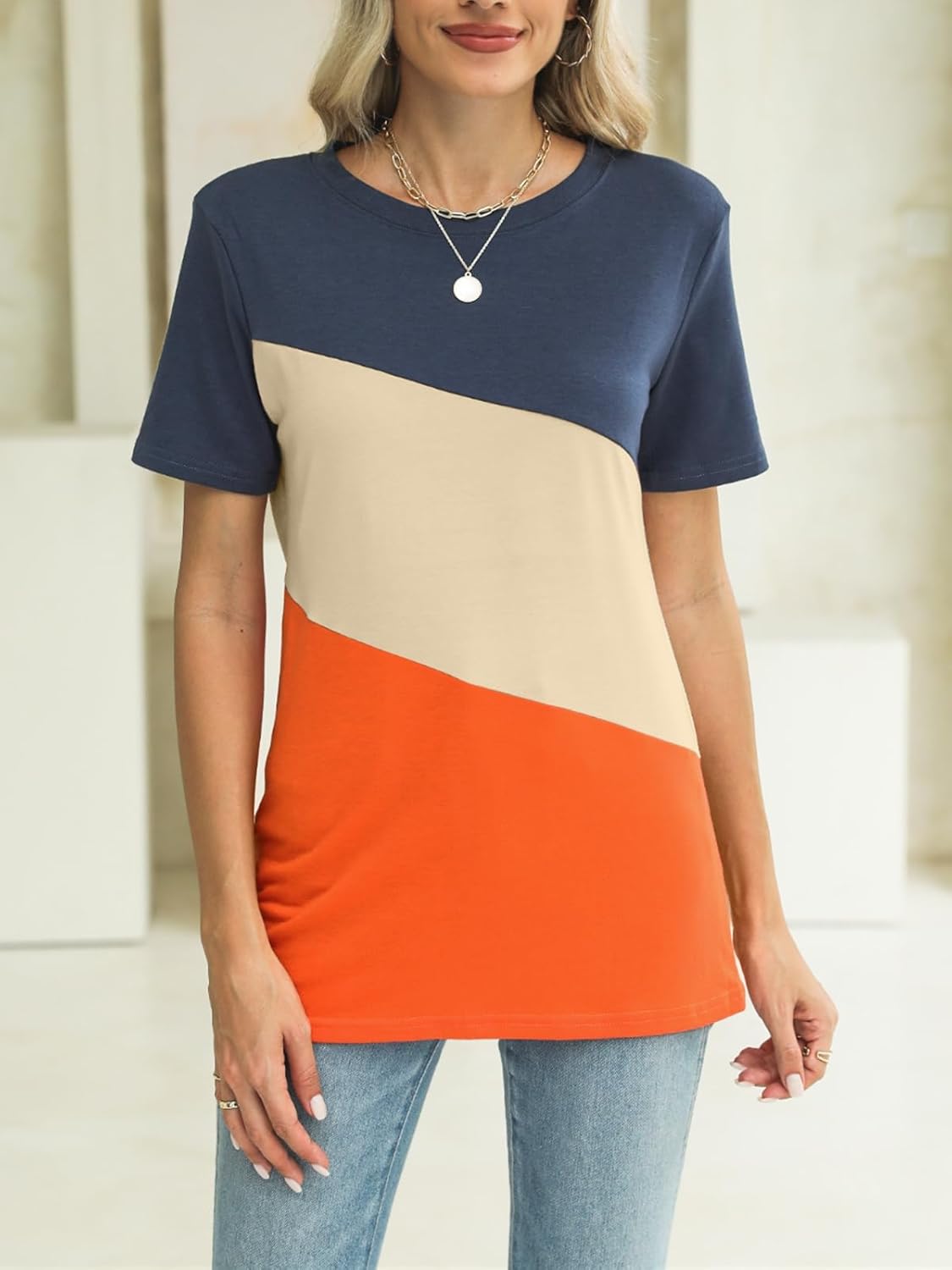 ORANDESIGNE Women's Color Block Short Sleeve T Shirts Casual Crew Neck Tops Basic Summer Loose Fit Tees - Image 3