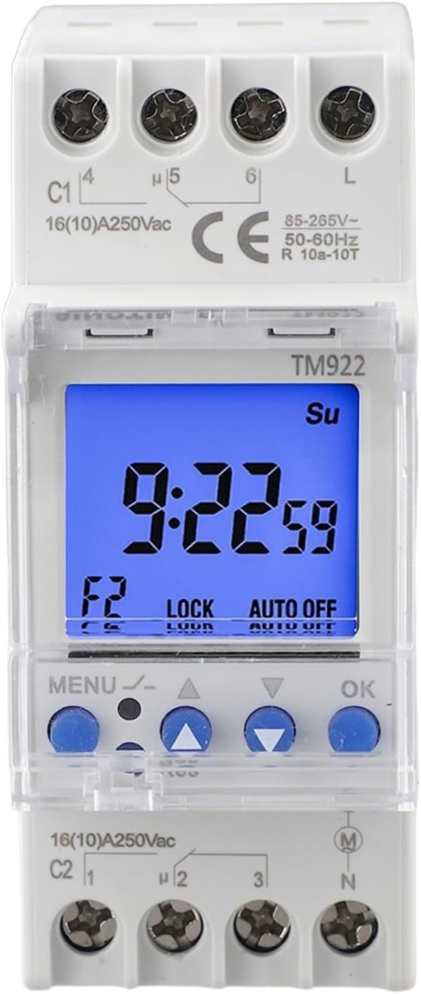Front view of the TM922 DIN Mounted Timer with LCD display and control buttons.