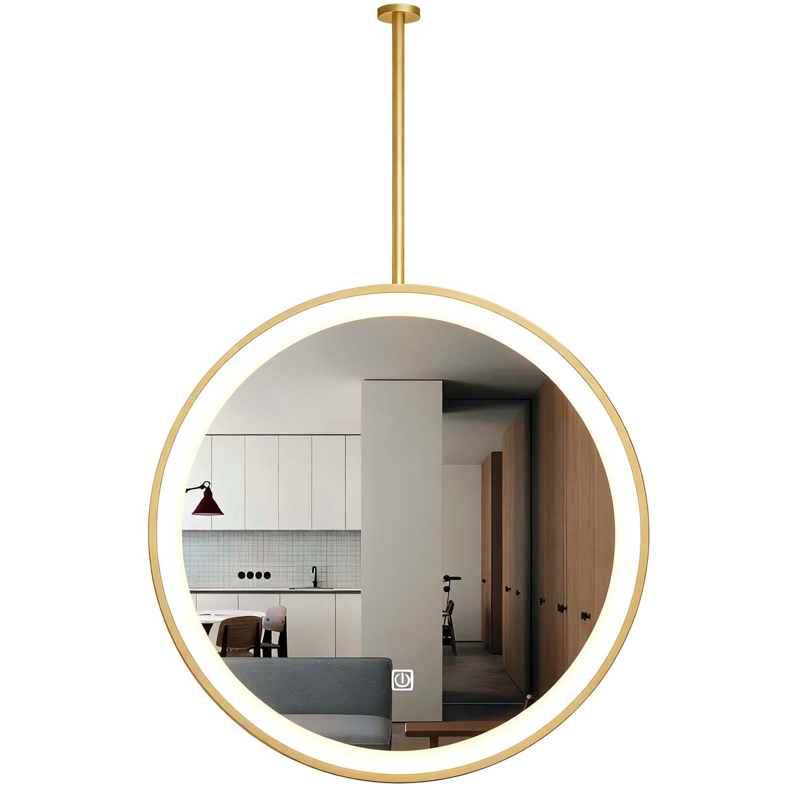 FGXHHS Metal Frame Mirror with LED Lights, Round Ceiling Suspended Hanging - Boom Customizable, Bathroom Wall Mounted Mirrors for Vanity/Makeup/Shaving(Gold,Diameter-60CM/23.6INCH)
