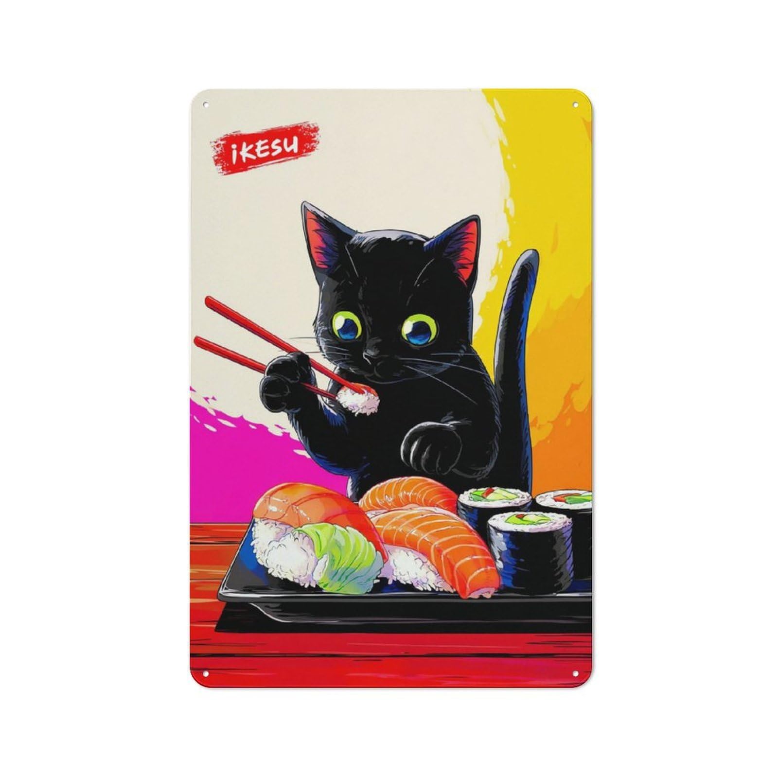 Sushi Cat with Chopsticks -2 Retro-style Metal Sign 30x20cm for Guest Room Or Hallway, for Hallway Wall Decor Fans