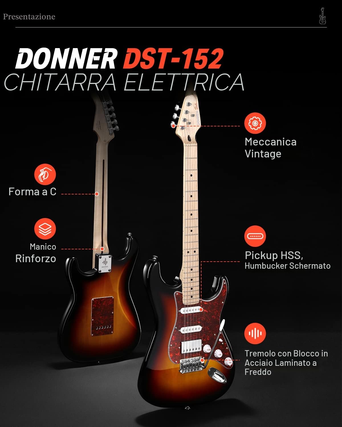 Donner Chitarra Elettrica, DST-152S 39" Kit Chitarra Elettrica HSS Pickup Coil Split, Chitarre Elettriche per Adulti con Amplificatore, Borsa, Accessori, Sunburst