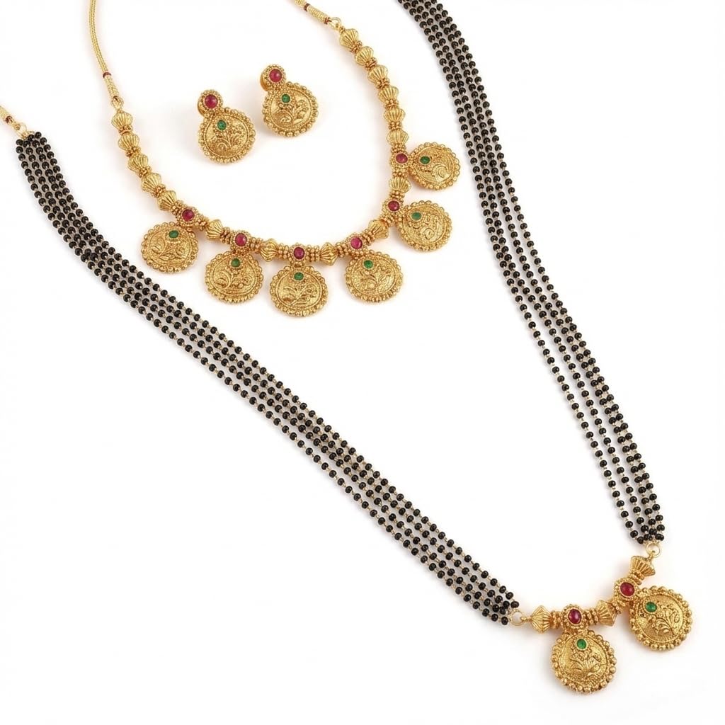 Gold-Plated Mangalsutra Combo Set | Long Black Beads Pendant Mangalsutra & Short Coin Choker Necklace with Matching Earrings | Stylish Jewelry for Women & Girls-image-16