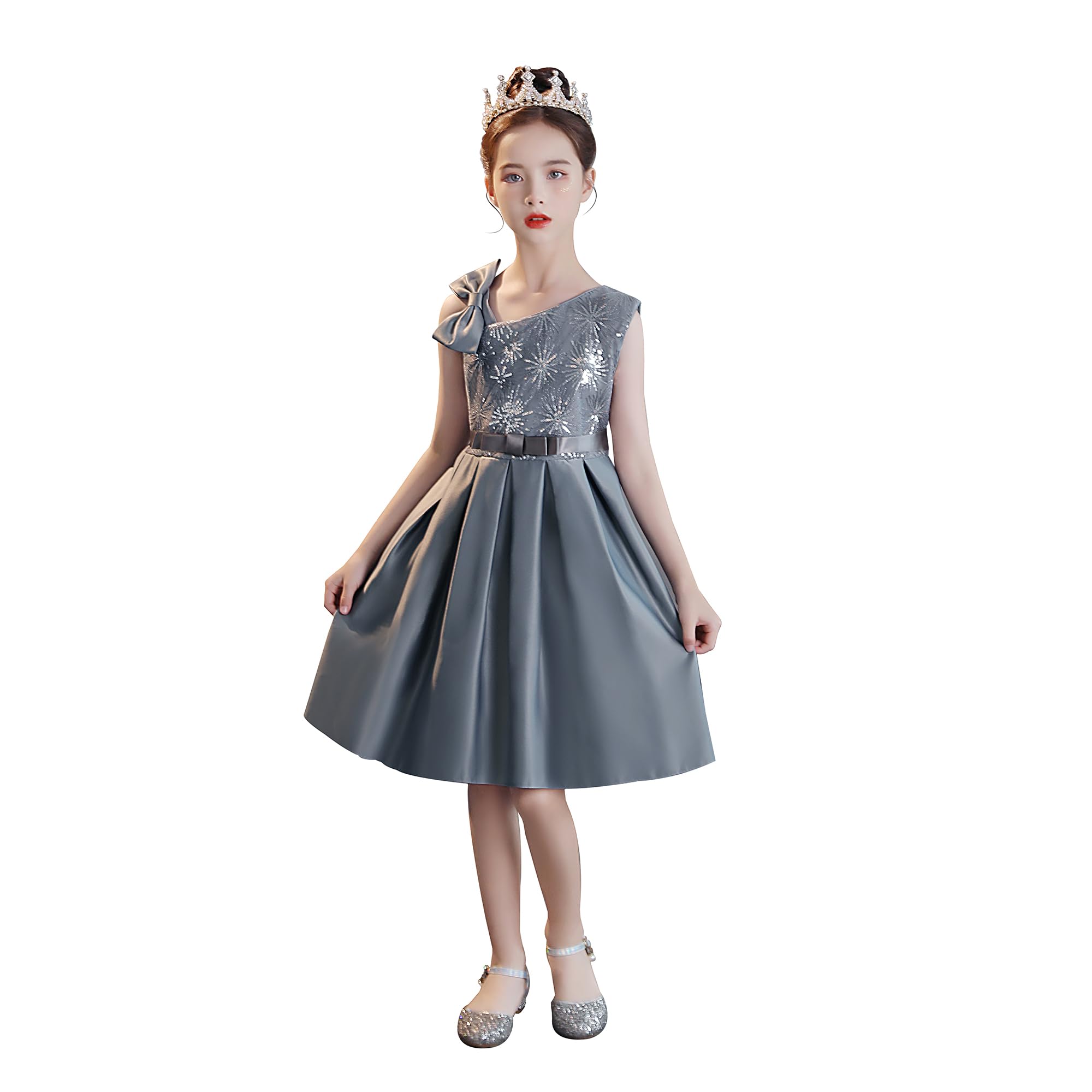 Cichic Girls Dress for Party 2-10 Years Flower Girl Wedding Dress Elegant Kids Formal Dress (3-4 Years, Grey Sequin)