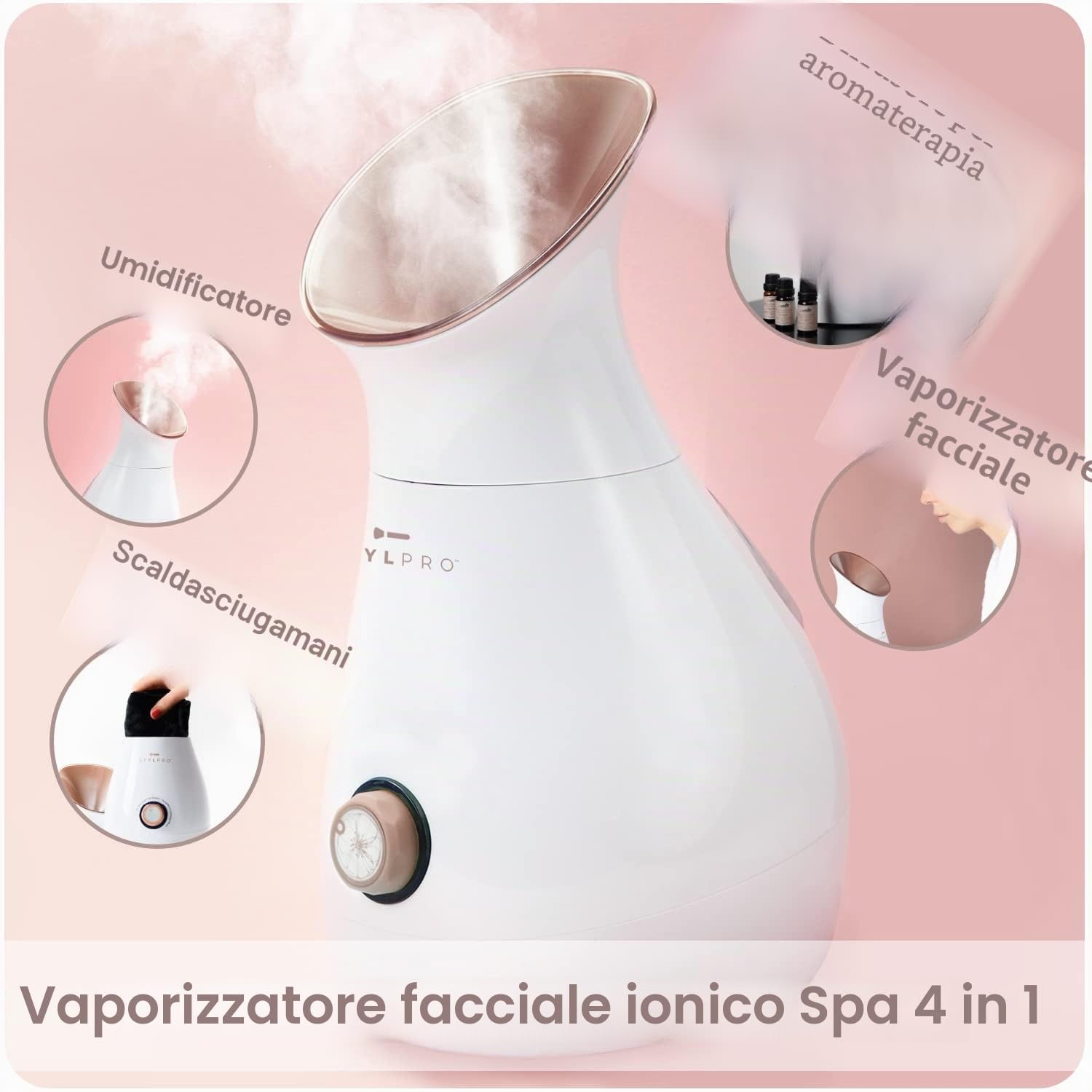 STYLPRO Vaporizzatore facciale 4 in 1, diffusore di aromaterapia, umidificatore e scaldasalviette – nebbia ionica per una pulizia profonda, spa di lusso per la casa, sblocca i pori
