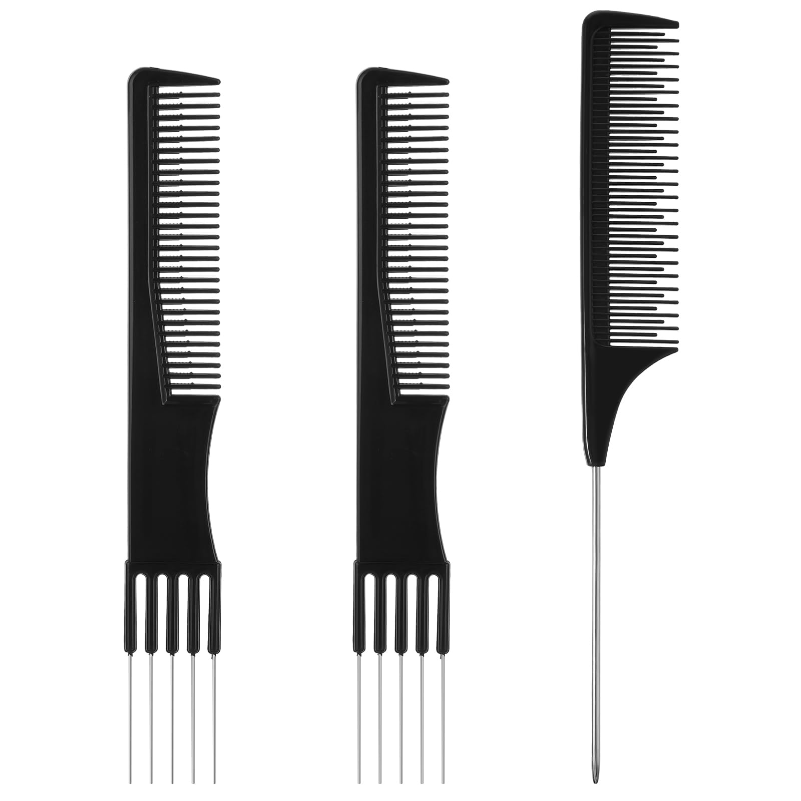 3Pcs Teasing Combs for Women, Hair Combs with Metal Pick and Fine Tooth Rat Tail Parting, Stainless Steel Lift Salon Teasing Back Comb