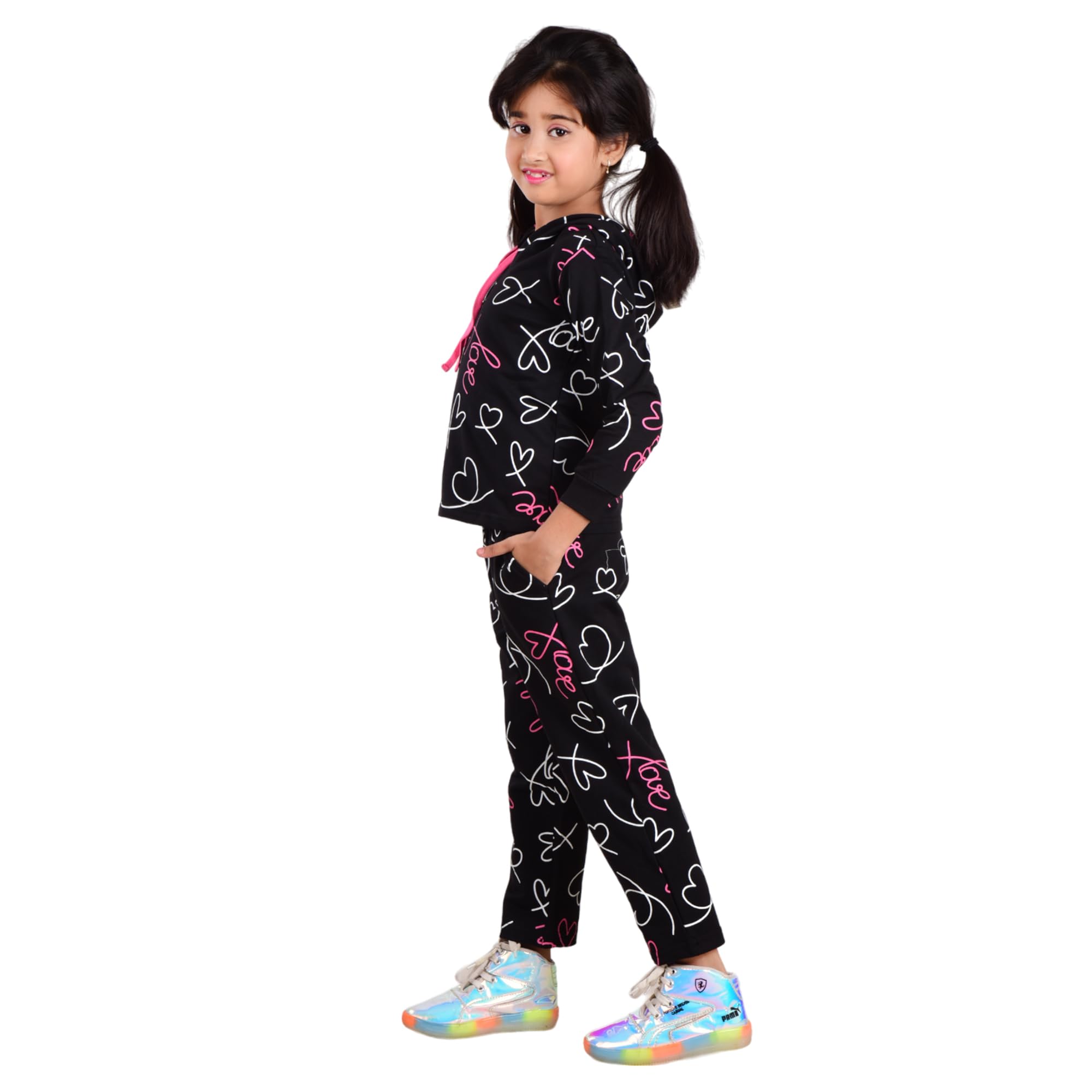 Clothe Funn Girls Hood Jacket & track Pant Set (5-6 Years, Black) 2