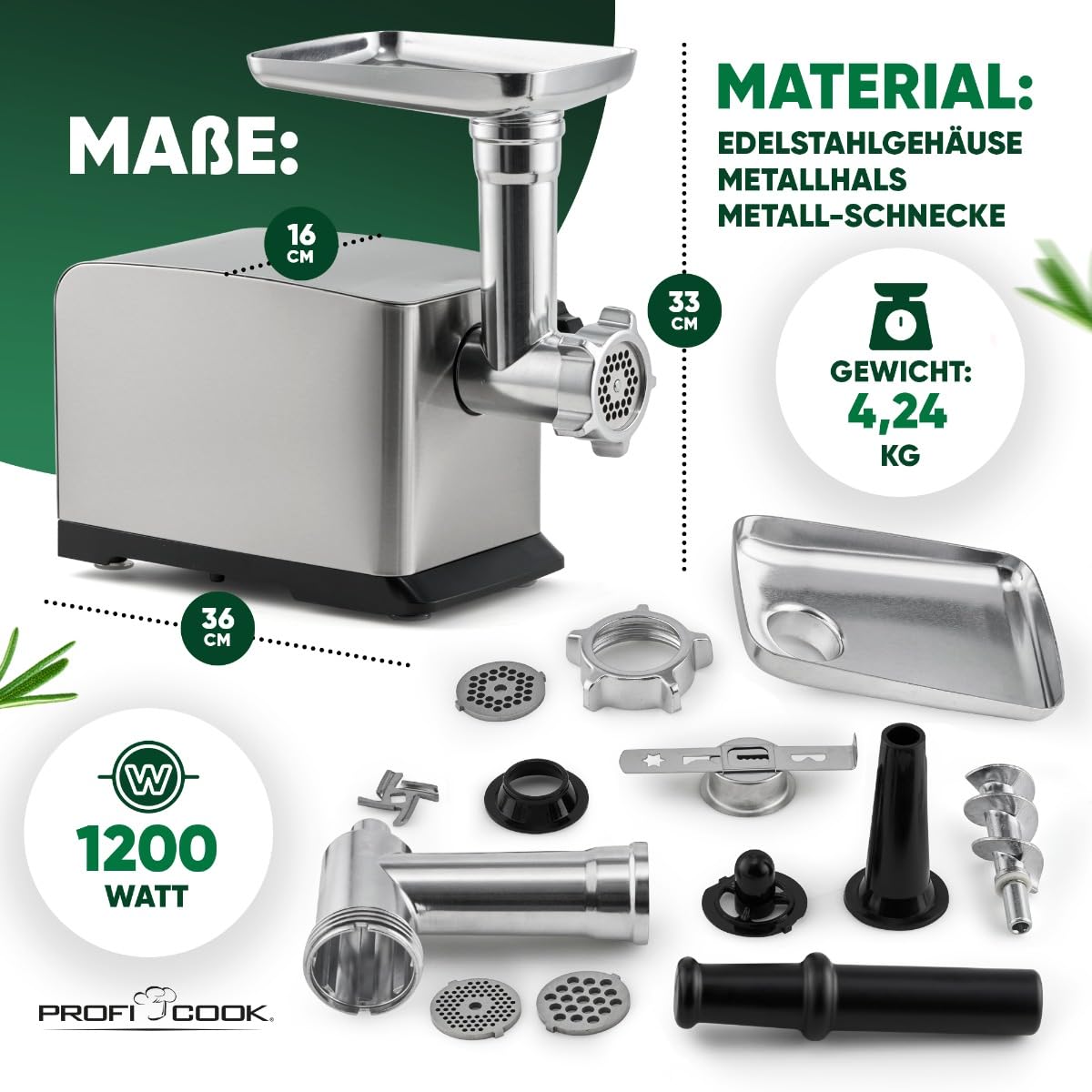 Tritacarne ProfiCook® 1200W | con attacco per biscotti/pasticceria | tritacarne elettrico | avanti e indietro | incluso insaccatore per salsicce | collo in metallo e vite senza fine | PC-FW 1272