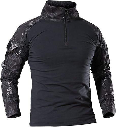 Muscularfit Camisas y camisetas atléticas para hombre, casual, holgada, de camuflaje, manga larga, media cremallera, camisa deportiva de camuflaje