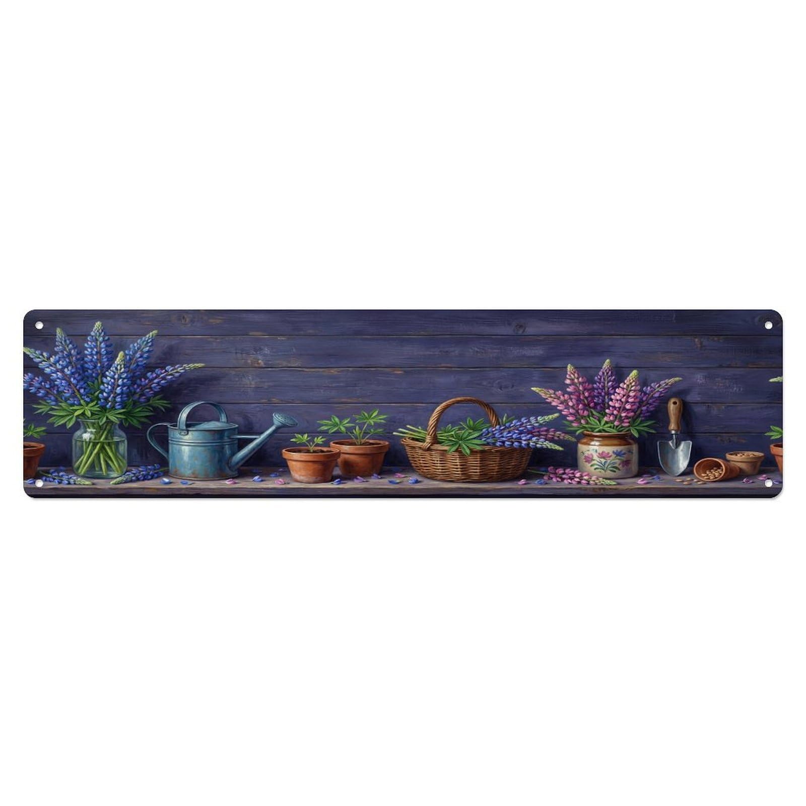 Floral Garden Tools Lupin Field Pattern Print Metal Tin Sign