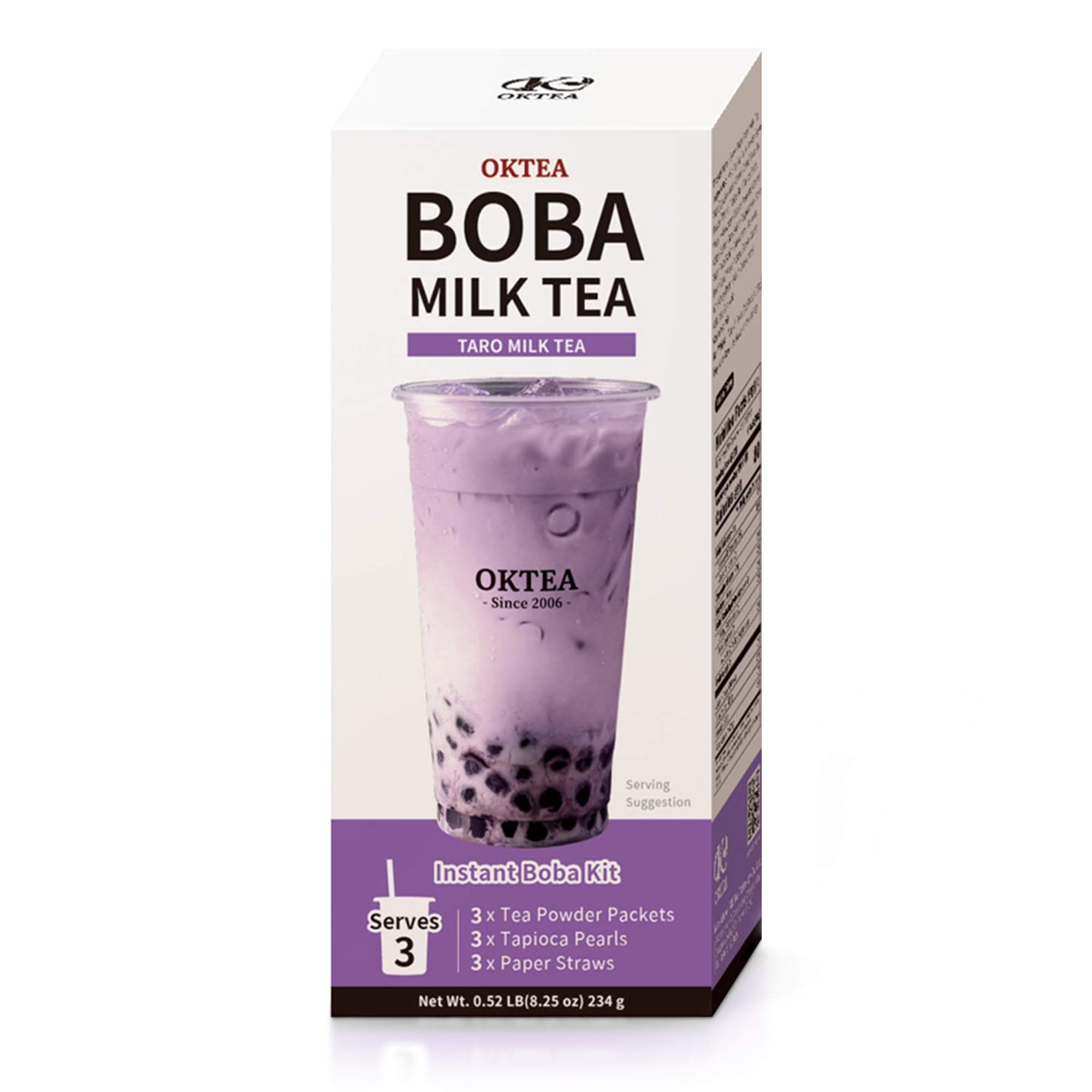 OKTEATaro Rich Bubble Pearl Milk Tea Kit - Non-Dairy Creamer Edition - Taro Flavor, Real Sugar, Preservative-Free Tapioca Balls, Includes Paper Straws - 3 Servings
