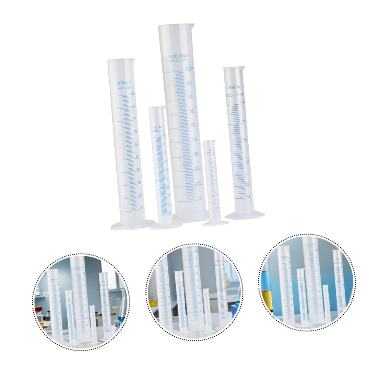 Juego de 5 Probetas de Plástico con Escala Clara y Base Estable | 1000/500/250/100/50ml, Plástico Transparente, Medición Precisa, Uso en Hogar, Laboratorio y Escuela