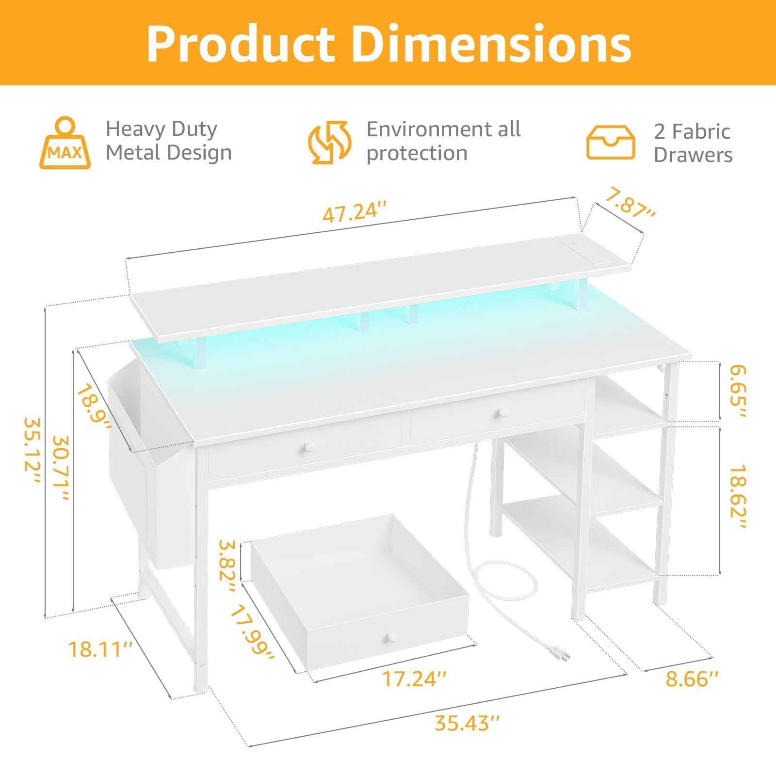 DLisiting Black Gaming Desk with Shelves and Drawers - 39 Inch Small Gaming Desk with Storage Shelves for Boys Teens Bedroom, Black Computer Desks with Drawers, Monitor Stand, Power Outlet: White 47.2"