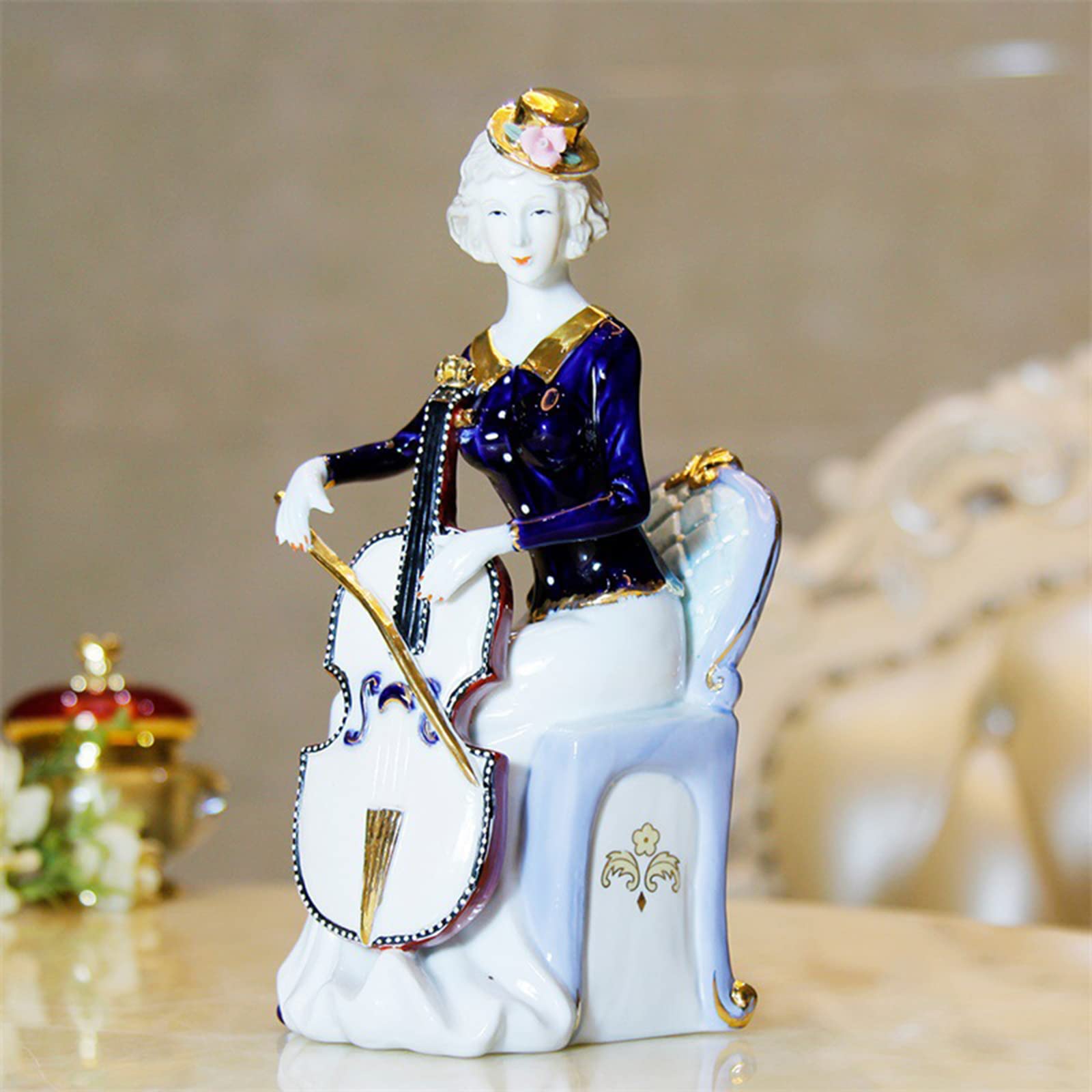 Gioca A Violino Figura Porcellana Seduta Elegante Ragazza Statua Violino Musica Scultura Domestica Desktop Ornamento per Musica Amante Regalo,Bianca