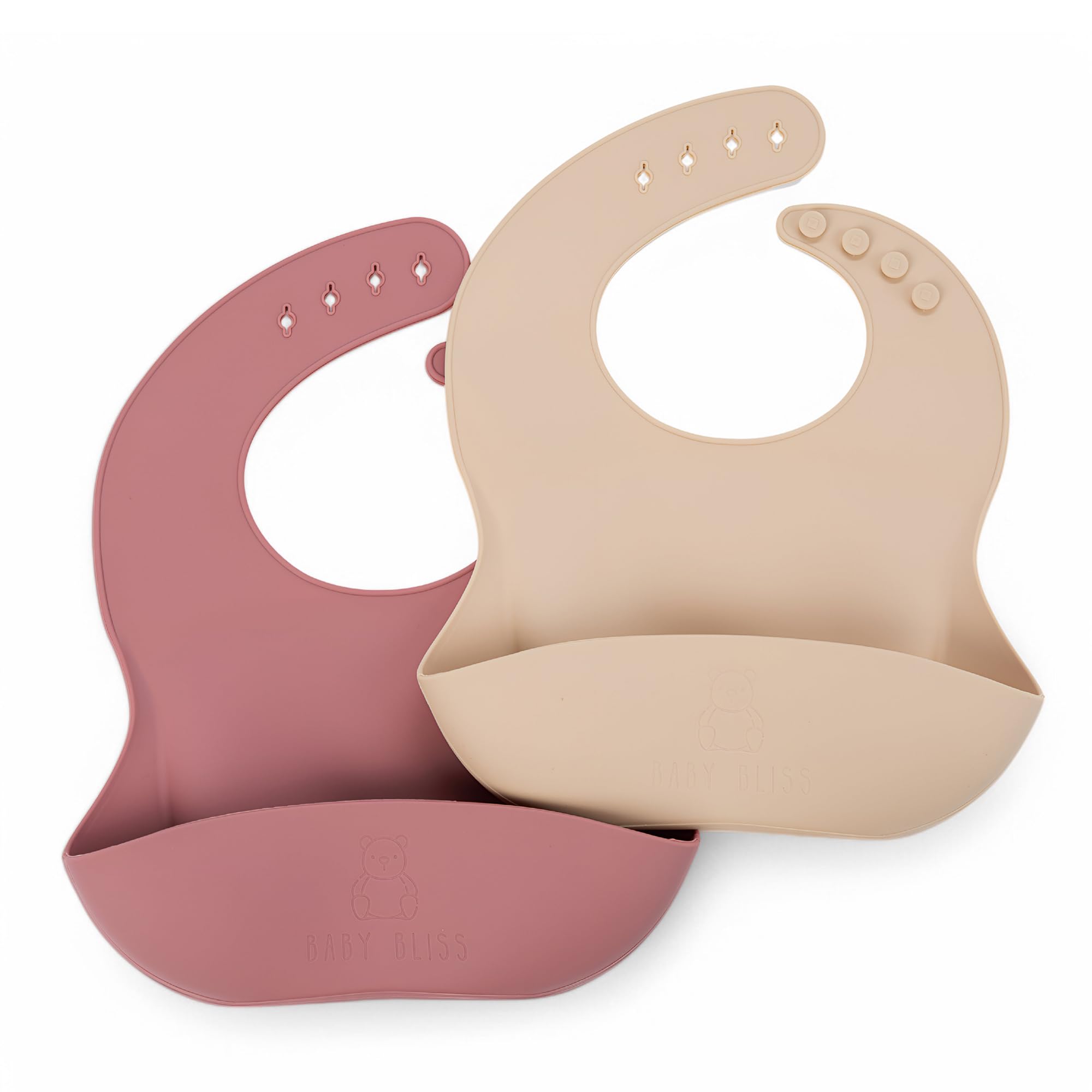 Baby Bliss Silicone Bib 2-Pack: Safe, Non-Toxic, Food-Grade. Waterproof, Adjustable Neck Band, Easy-Clean Pouch Catcher.