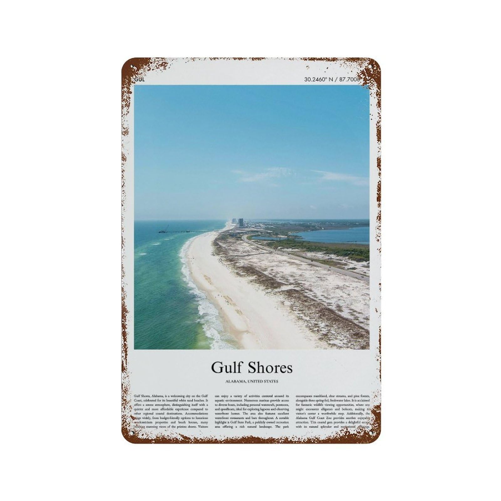 xiaoxiaoshen Gulf Shores Alabama, United States, USA City Scenery Wall Decor Art Metal Tin Poster Modern Home Decor Art Home Bar Shop Decorations Vintage Sign 30x20cm