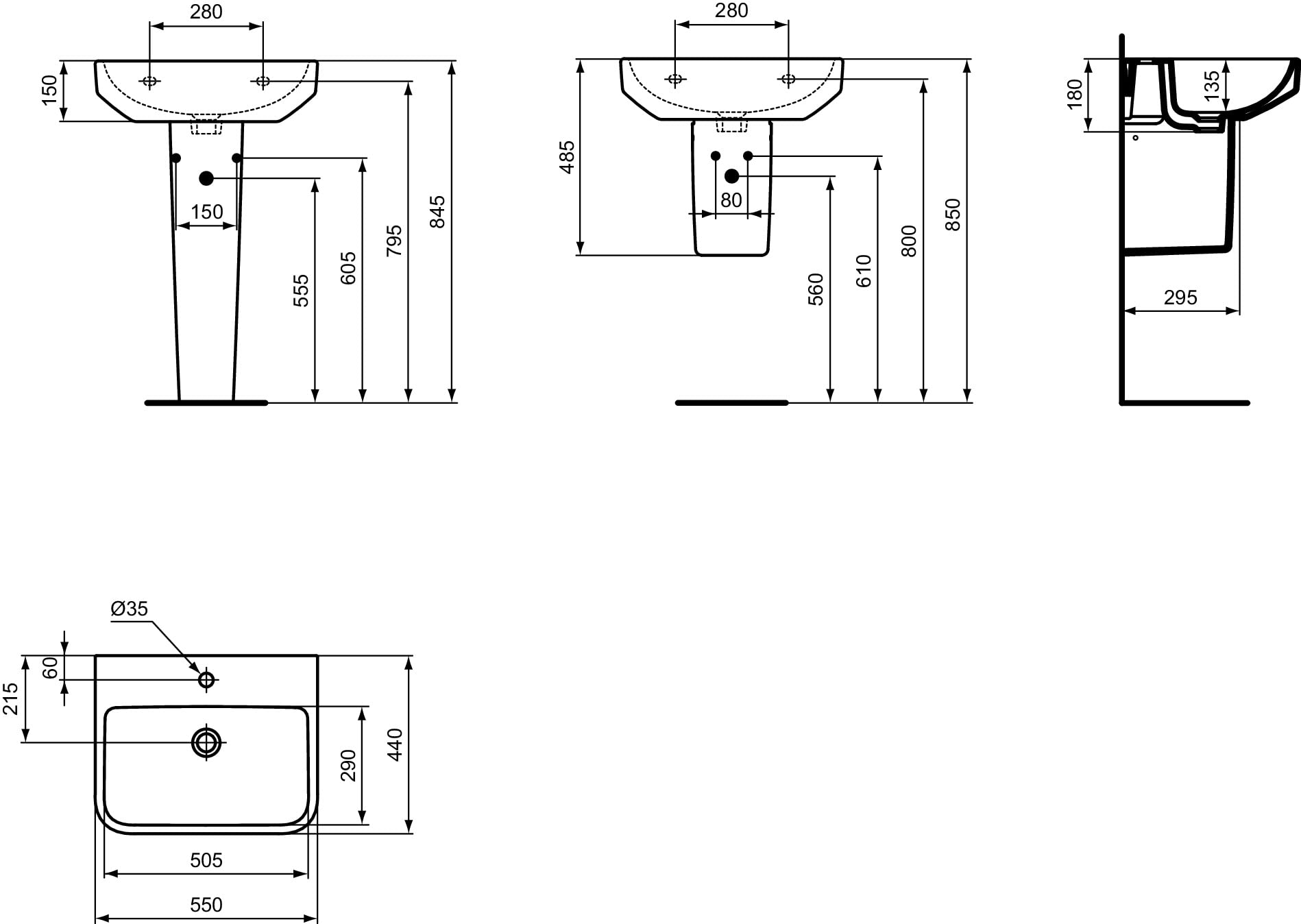 Ideal Standard - i.life B Lavabo da 55 cm con foro centrale per la rubinetteria aperto e foro del troppopieno. Colonna, semicolonna e sifone d'arredo da acquistare separatamente. Bianco