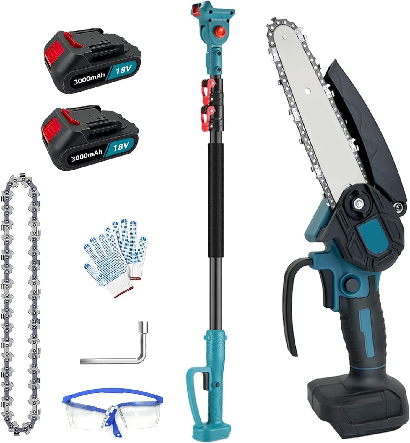 Batería de podadora telescópica compatible con Makita, 2 baterías de 3000 mAh, cabezal de motor giratorio de 180°, sierra de cadena eléctrica, barra ajustable hasta 1,5 m para tijeras de podar