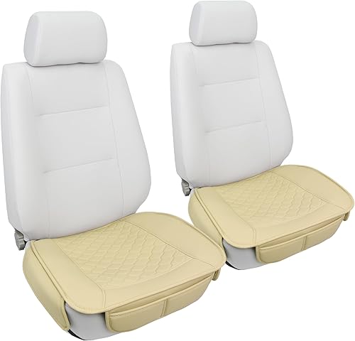 Miniatura 2 de Elantrip 2 fundas de asiento de automóvil de piel sintética beige con acolchado cómodo y bolsillos de almacenamiento, impermeables, antideslizantes,