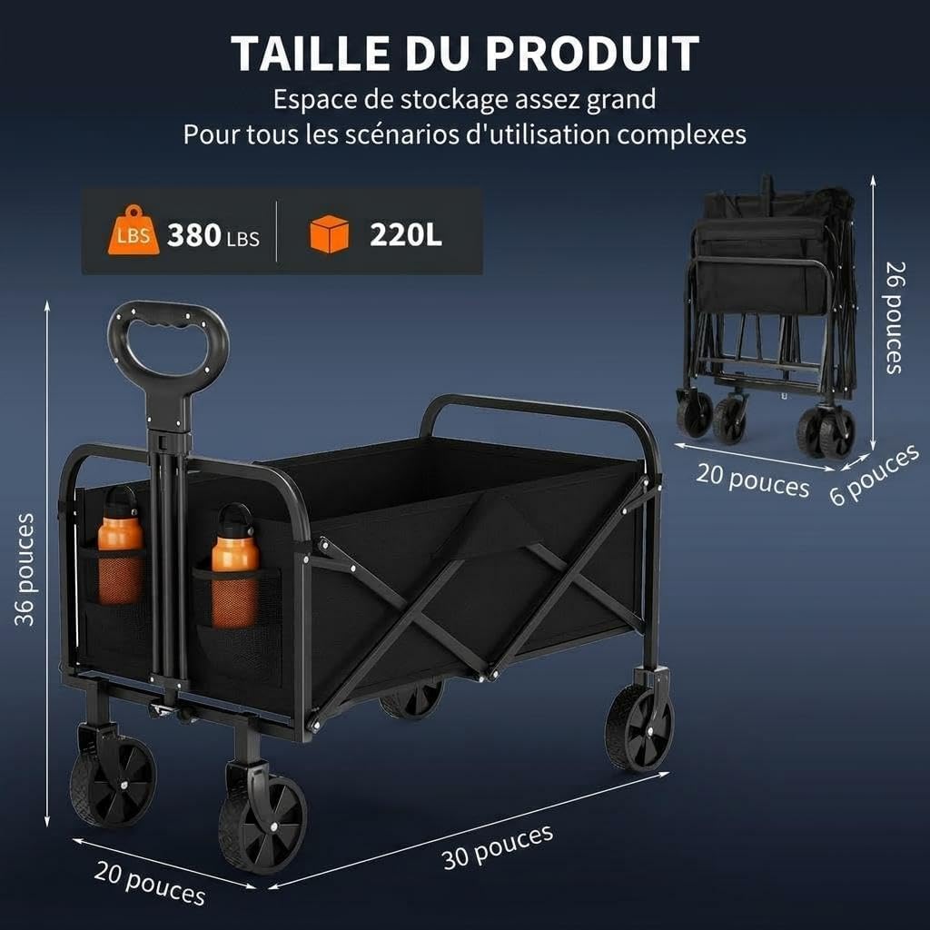 Chariot de Plage Pliable Tout-Terrain 220L – 172kg, Camping, Plage-Noir