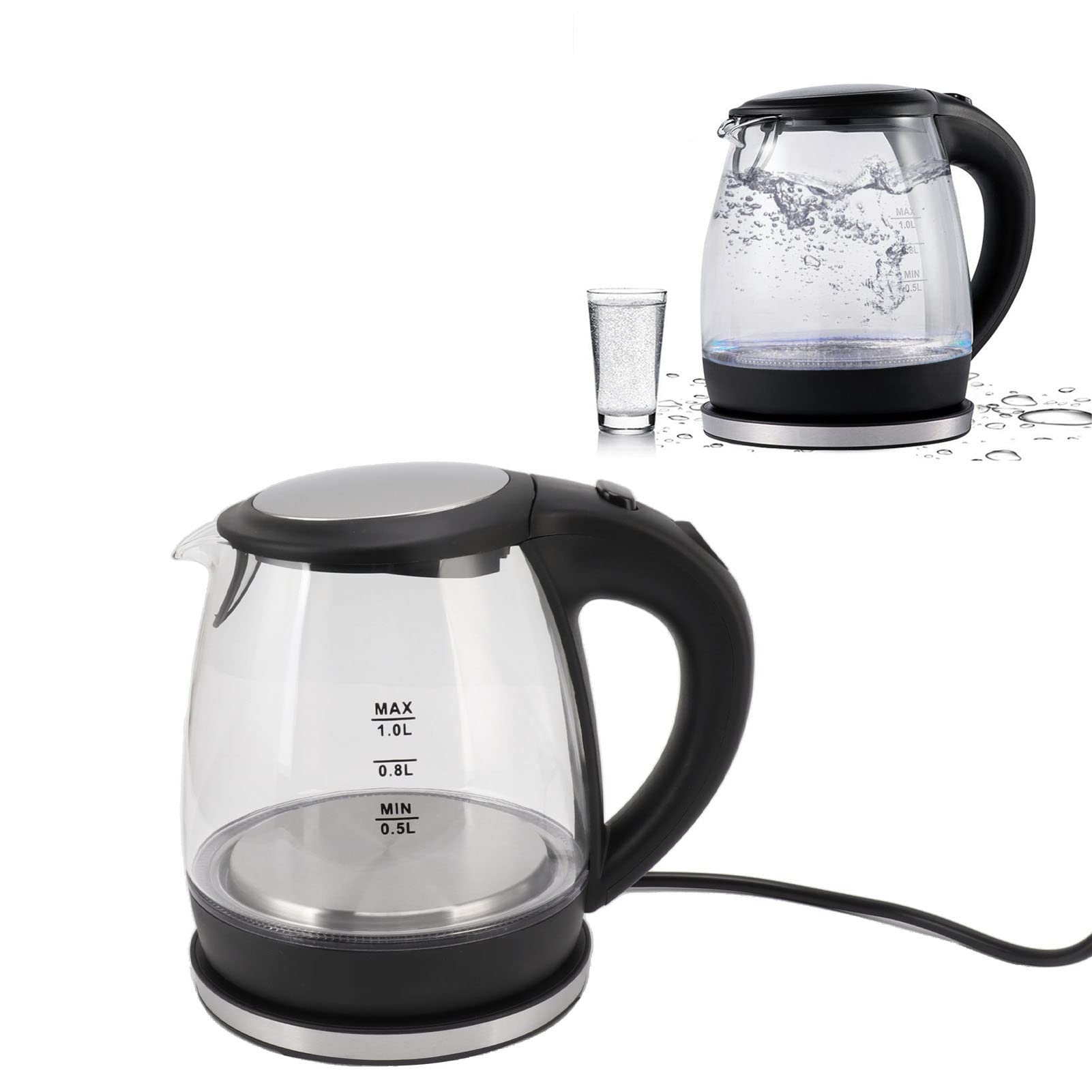 Tnfeeon Hervidor de Agua Eléctrico de Cristal de 2000W, Tetera Hirviendo de Agua, Alta Potencia, 1L, Gran Capacidad, Apagado Automático, Hervidor de Agua con Luz Azul, Enchufe de la UE