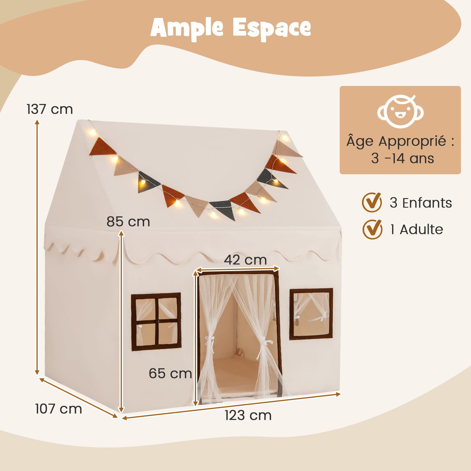 COSTWAY Tente de Jeux Enfant avec Guirlandes Lumineuses Étoiles, Cabane
