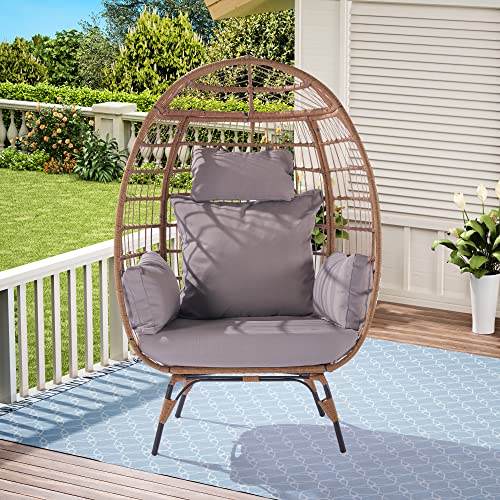 Wicker Egg Chair, Oversized Indoor Outdoor Lounger for Patio, Backyard, Living Room w/ 5 Cushions, Steel Frame, Light Grey
