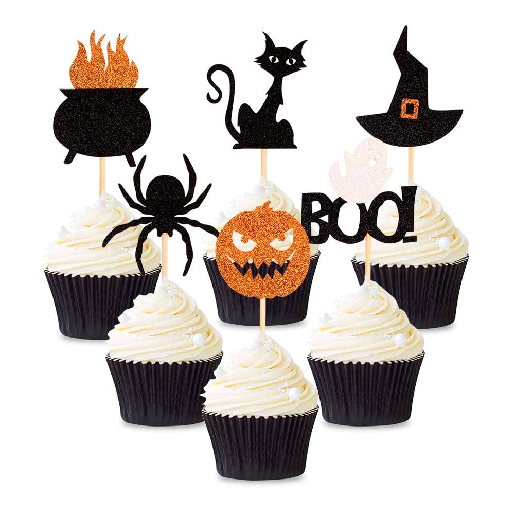 Blumomon 24Pcs Happy Halloween Cupcake Toppers Glitter Pumpkin Witch Spider Cupcake Picks Halloween Theme Birthday Anniversary Babyshower Party Supplies