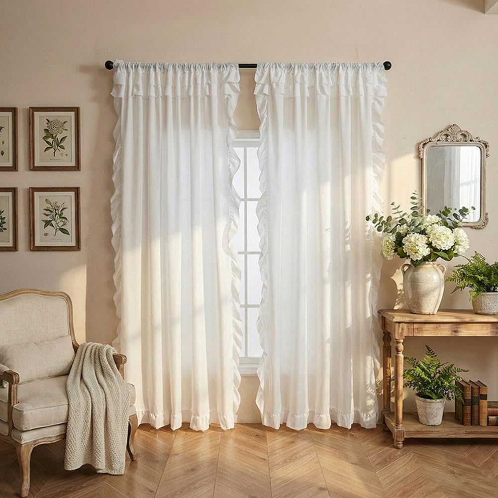 Weiß Rüschenn Gardinen Transparent für Schlafzimmer Wohnzimmer,Französisch Landhausstil Ruffled Vorhänge Durchsichtig Dekovorhang Romantisch 2 Stück 140x220