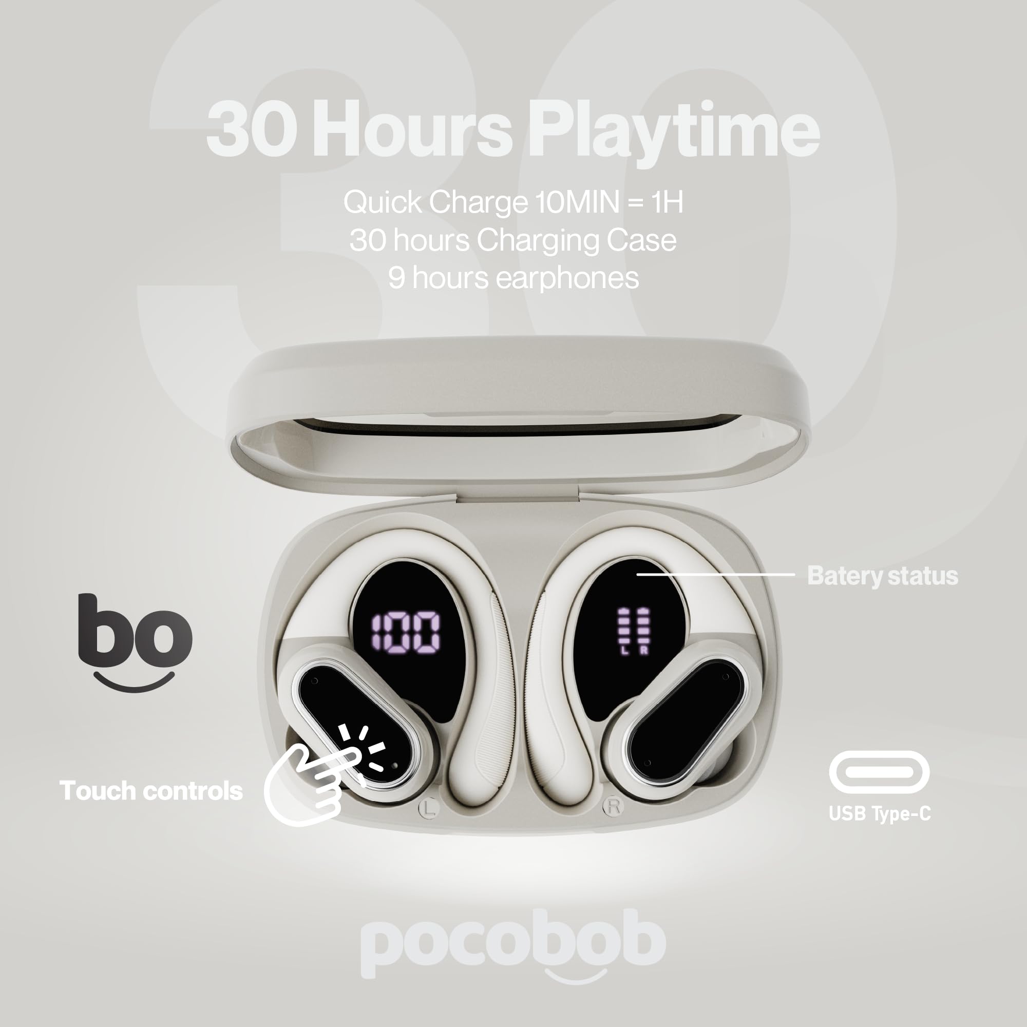 SP con archetti auricolari, Bluetooth 5.0, microfono, touch, IPX7, 30h di autonomia, USB-C – Auricolari wireless per fitness, corsa e outdoor (Beige)