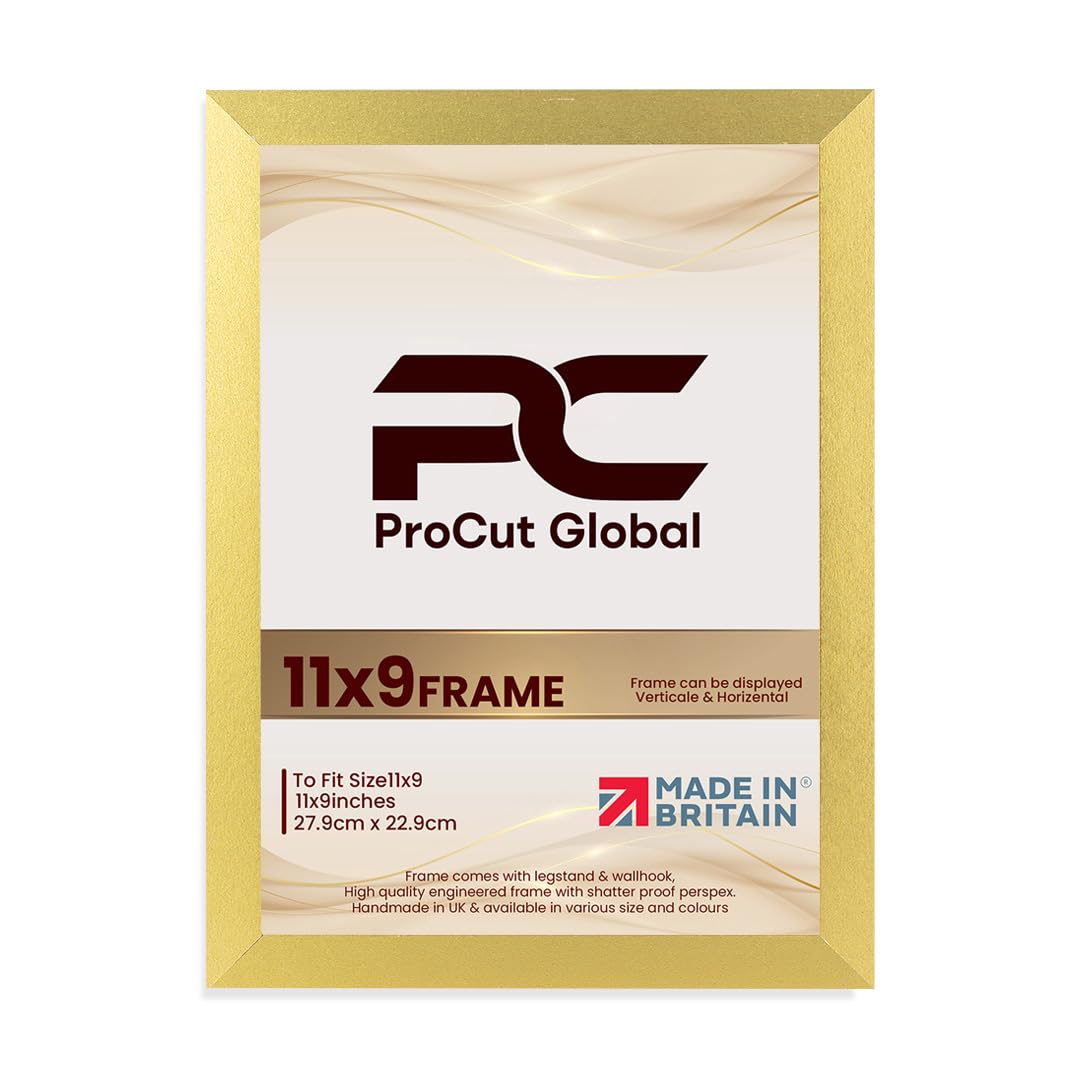Procut Global 11X9 Gold Picture Frames – Sleek Wooden Photo Frame with Shatterproof Perspex for Wall or Tabletop – Perfect for Posters, Certificates, Prints–Multiple Sizes & Colors Available