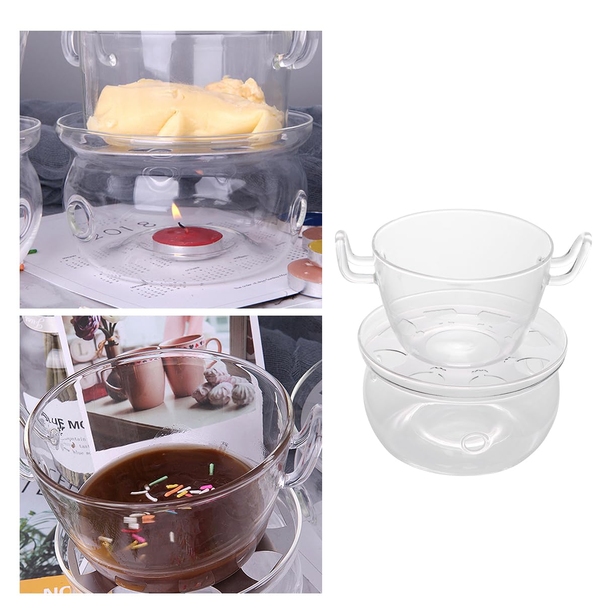 Juego de 1 olla doble para derretir chocolate de vidrio transparente para derretir chocolate, cuenco a prueba de calor para velas de caramelo de mantequilla de queso, 1 juego 7