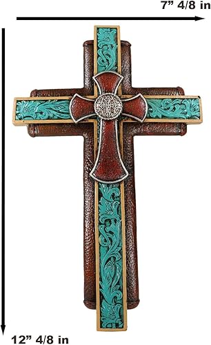 Miniatura 2 de Ebros Gift Rústico suroeste de la Toscana adornado concho turquesa pergamino de encaje en capas de cuero sintético Crucifijo Crucifijo decoración