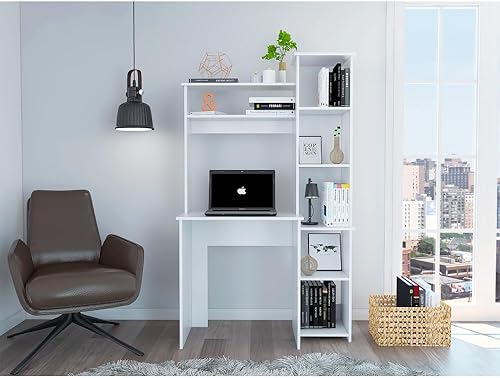 Miniatura 35 de Tuhome Versailles - Escritorio con estantería integrada, 2 estantes superiores de exhibición y almacenamiento lateral de 5 niveles, mesa de Roble