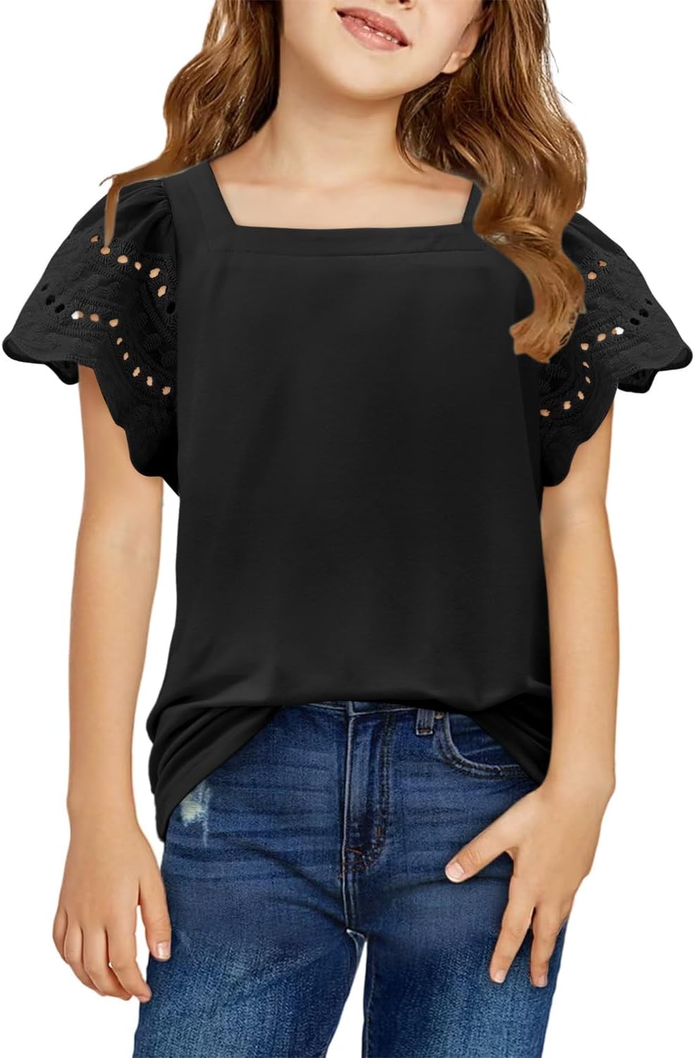 Yoklass Girls Casual Shirts Square Neck Ruffle Sleeve Tops Solid Loose Blouses 5-14 Years 6-7 Years B Black