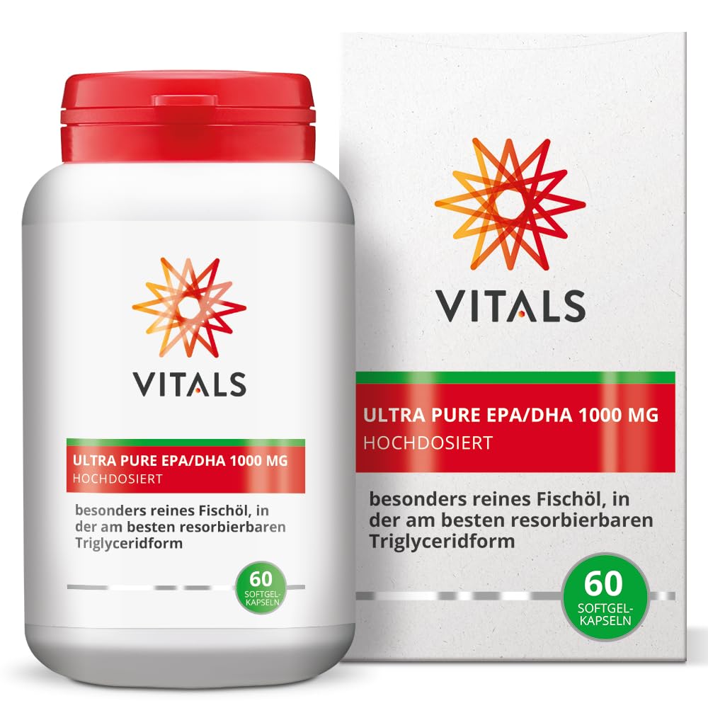 Vitals - Ultra Pure EPA/DHA 1000mg 60 gélules de softgel.Hautement dosé avec 570mg d'EPA et 430mg de DHA par gélule de softgel.Oméga 3 pur très bien absorbable sans additifs inutiles.