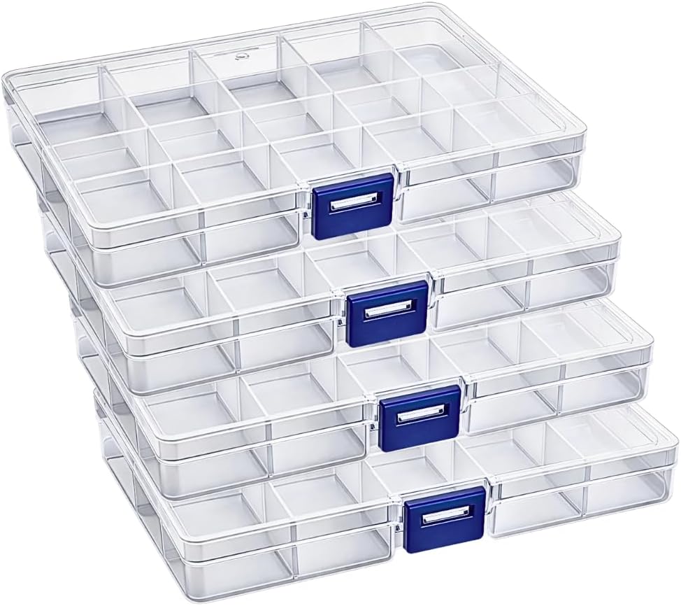 15-Grids Transparent Plastic Storage Box – 4 Pack Organizer for Small Items, Tiny Accessories, Beads, Jewelry, Screws & Mini Parts – Detachable Compartments, Clear Storage Case