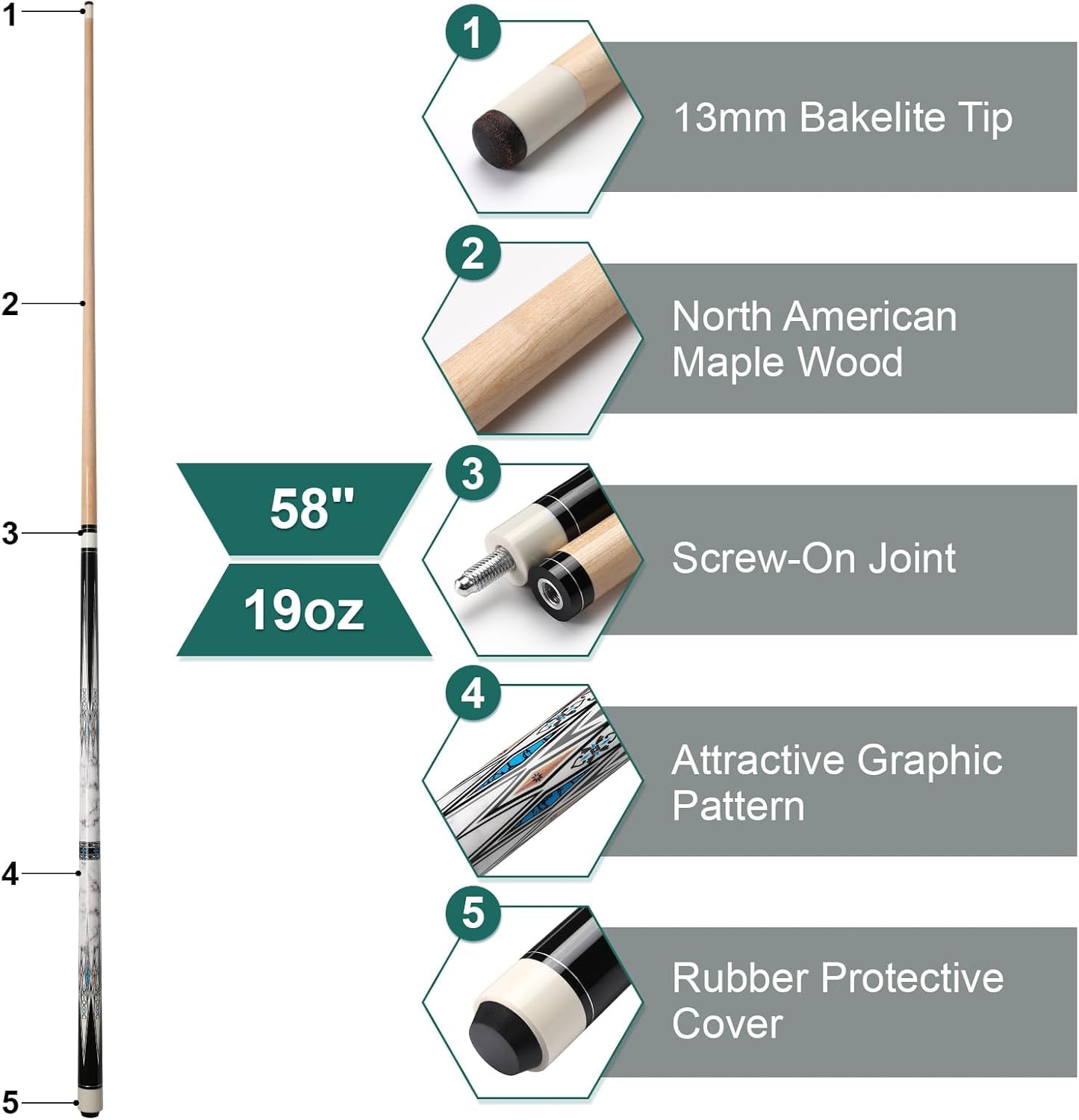 Stecca da Biliardo 58 Pollici Hardwood Pool Cue 13 mm Punte per Professionisti