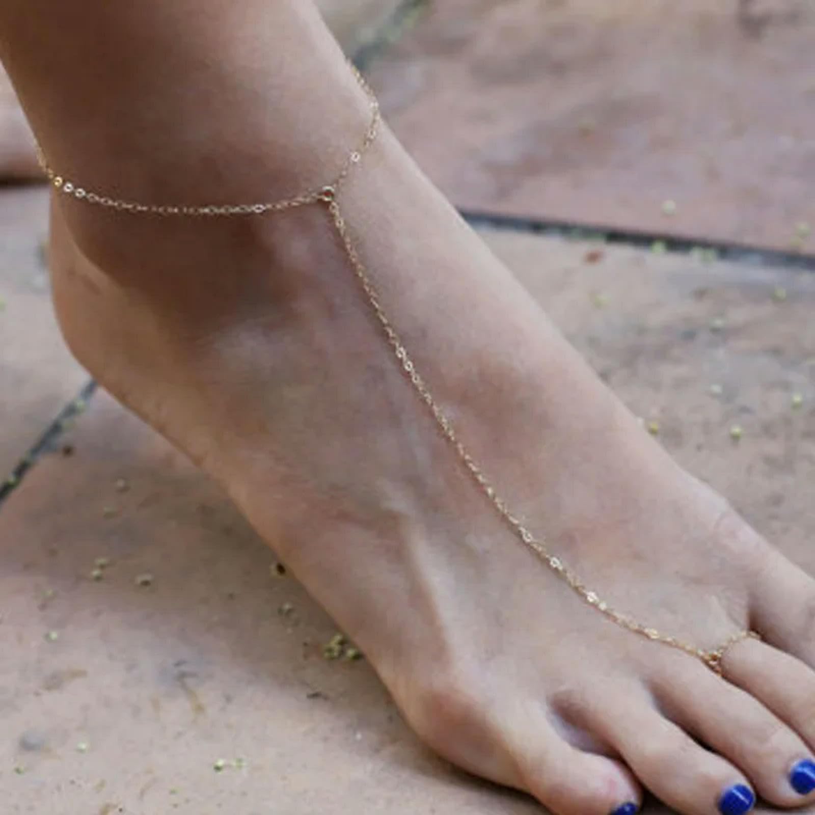 Tobillera con cadena de cuentas de metal de cobre simple que conecta el pie con los dedos. Tobilleras for mujer descalzas, joyería creativa de playa.,Tobilleras