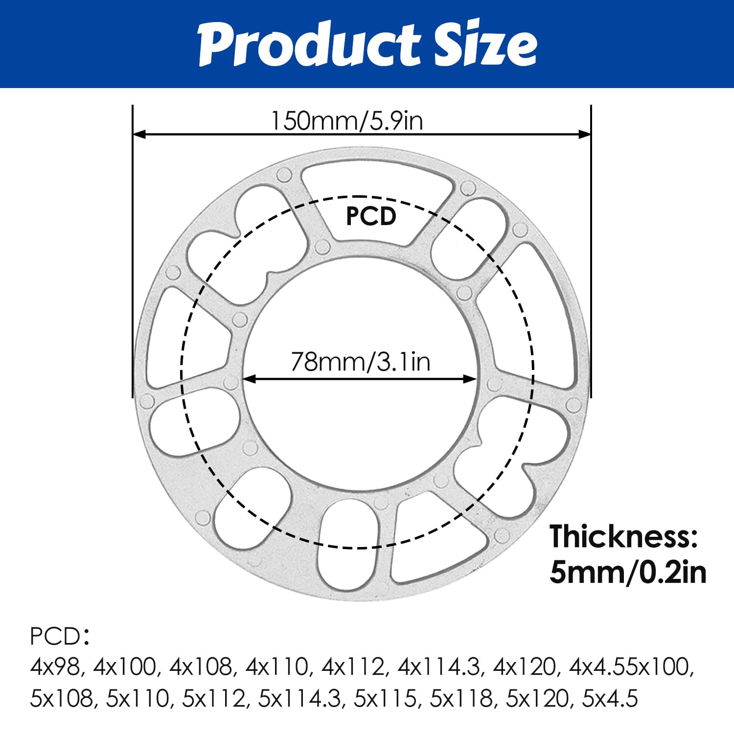 Distanziali Ruota, Spessori Universali in Alluminio da 5 mm Distanziatore Hubcentric per Ruota con Perno 4/5 ID 3,1 Pollici Diametro Esterno 5,9 Pollici (4 Pezzi)