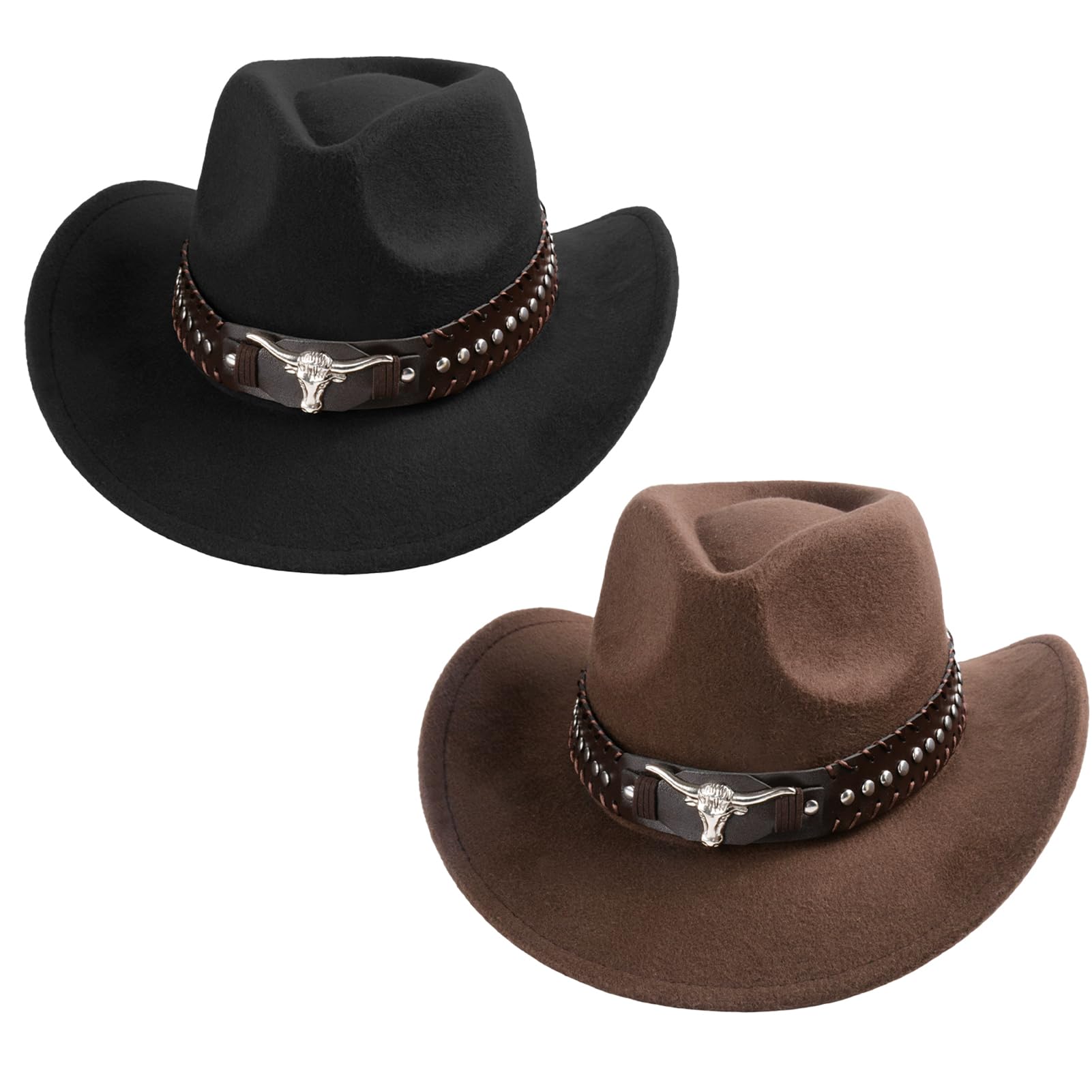 Lot de 2 chapeaux de cowboy occidental avec accessoires uniques tête de taureau - Bord vieilli - Chapeau de protection solaire d'extérieur en laine - Multifonctionnel - Unisexe - Avec sangle en cuir