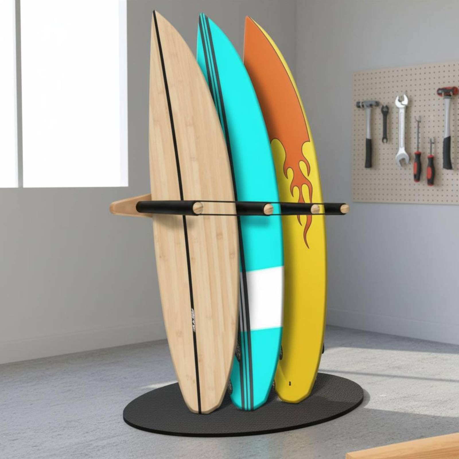 MERIGLARE Wandhalterung Board Regal Halterung Ständer Ablage aus Holz für Bis zu Vier Boards mit Schonenden Auflagen für Surfbrett Snowboard Skateboard Longboard für Zuhause Ferienhaus Sportverein