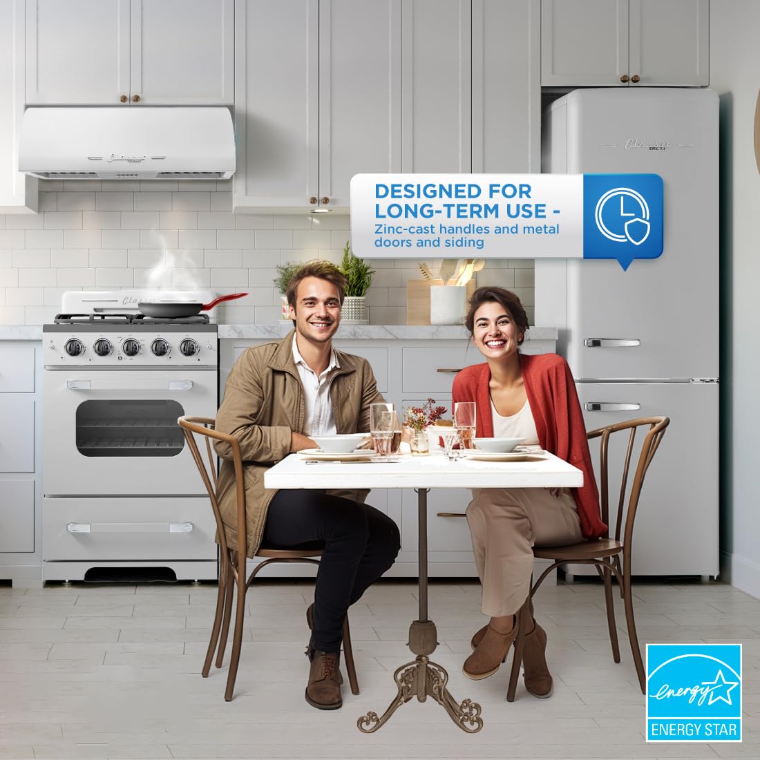 Unique Appliances Classic Retro Refrigerator, Electric Bottom-Mount Fridge with Intuitive Control Panel, 4 Glass Shelves, and 3 Freezer Drawers, Frost-Free, 12 cu./ft., Marshmallow White on Fridge.com